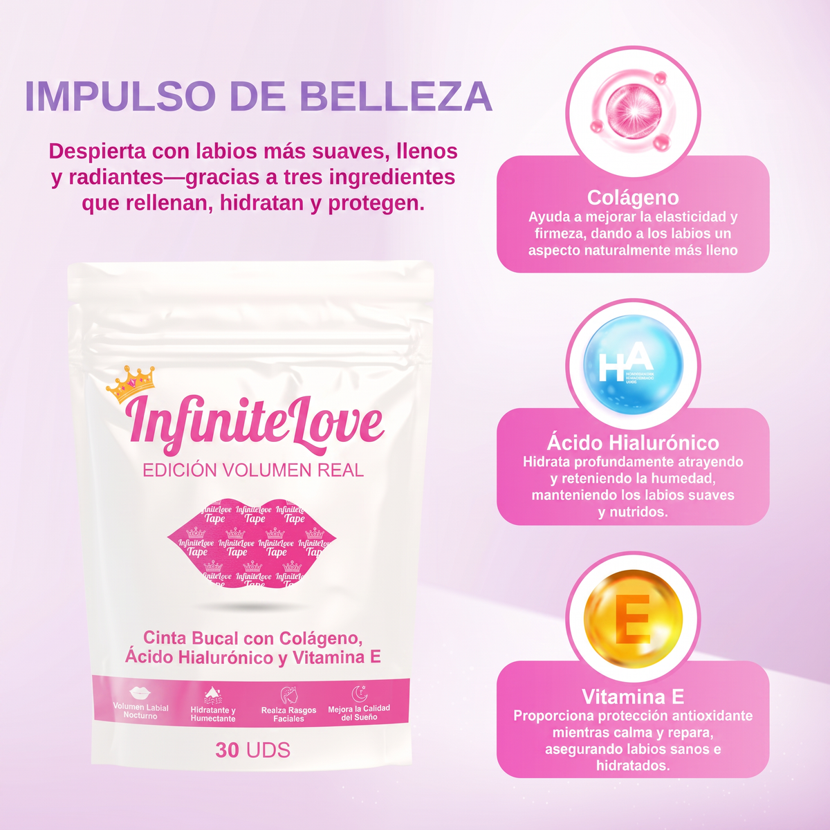 Cinta Bucal Nocturna con Colágeno, Ácido Hialurónico y Vitamina E - 30 Unidades
