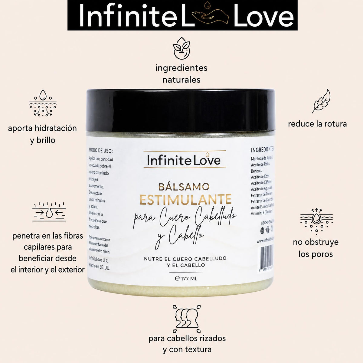 Balsamo Estimulante Cuero Cabelludo y Cabello Manteca Karite Mango Romero Menta 100% Natural 177ml