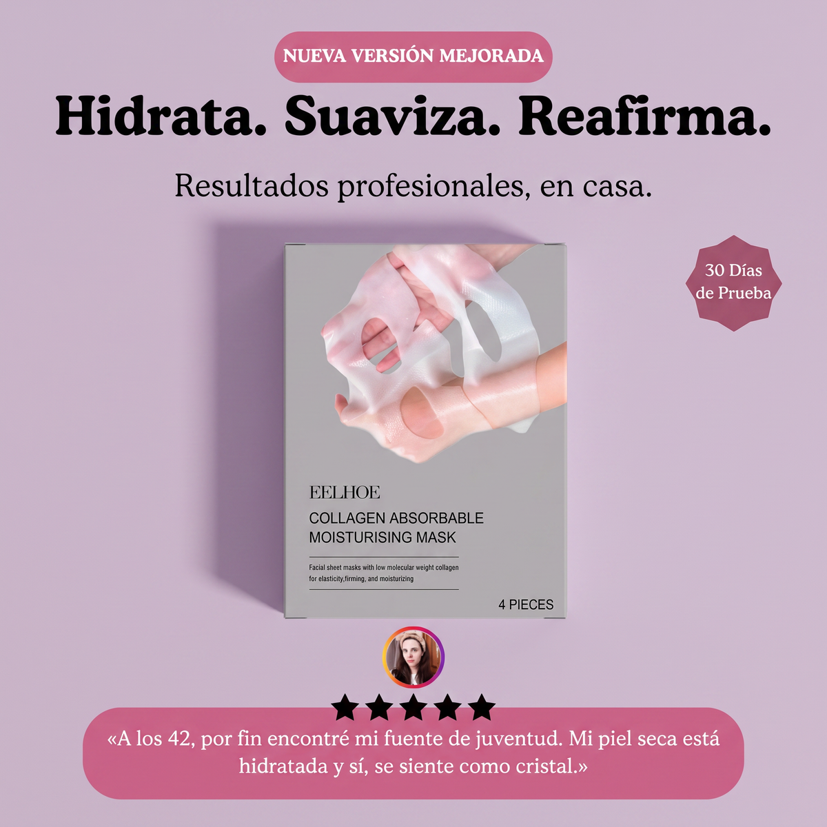 Mascarilla de Bio-Colágeno Efecto Glass Skin (4 Mascarillas por Unidad)
