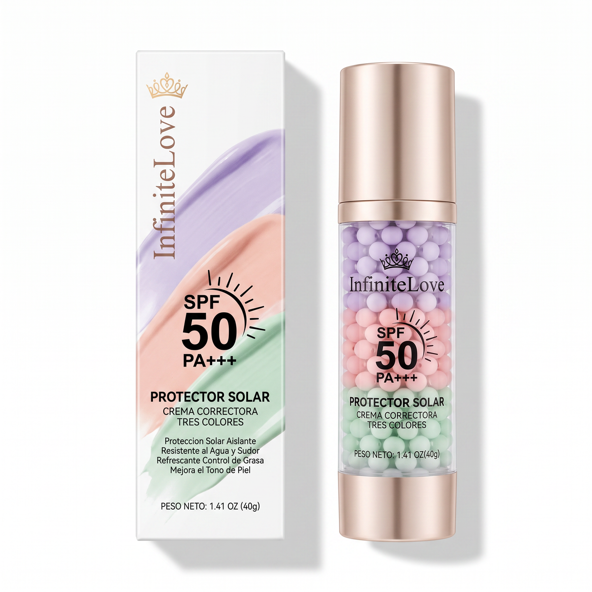 Protector Solar SPF 50 PA+++ Crema Correctora 3 en 1 Tres Colores Resistente al Agua Base Maquillaje 40g