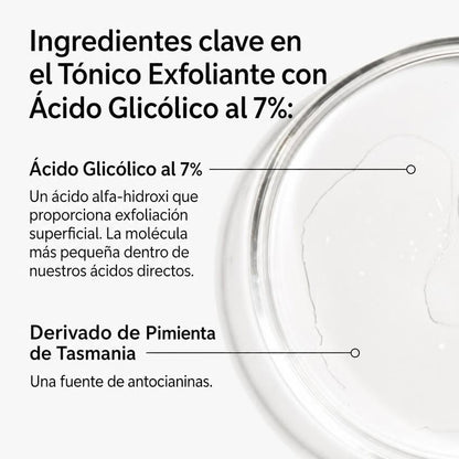 Tónico Exfoliante Ácido Glicólico 7% AHA Luminosidad Textura Vegano 240ml