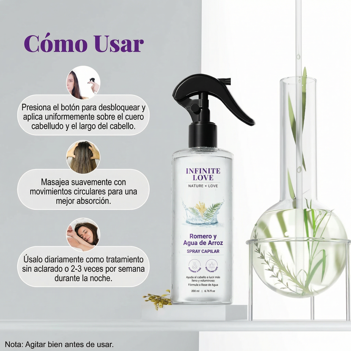 Spray Capilar Estimulador de Crecimiento con Romero y Agua de Arroz (100% Natural) para Frenar la Caída