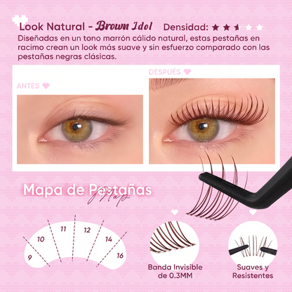 Kit de Pestañas en Racimo DIY - Estilos Idol y Brown Idol con Adhesivo Sellador y Pinzas