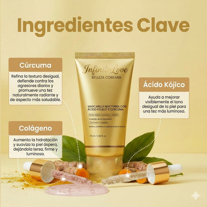 Mascarilla Coreana Nocturna de Cúrcuma y Ácido Kójico para Manchas, Melasma y Brillo Instantáneo